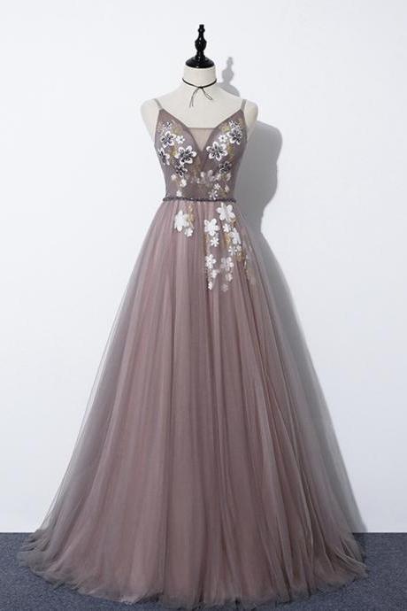 A line v neck tulle lace long prom dress