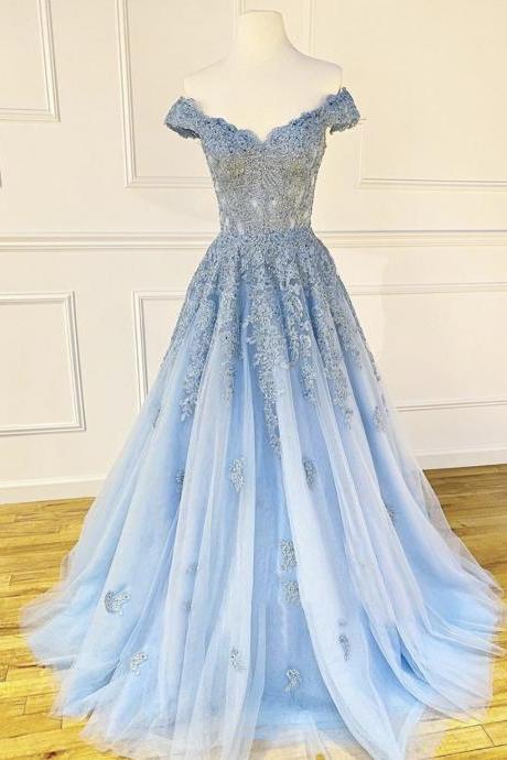 Blue tulle lace long prom dress blue evening dress