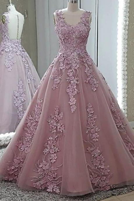 Pink Tulle Appliqué Prom Dress Evening Dress