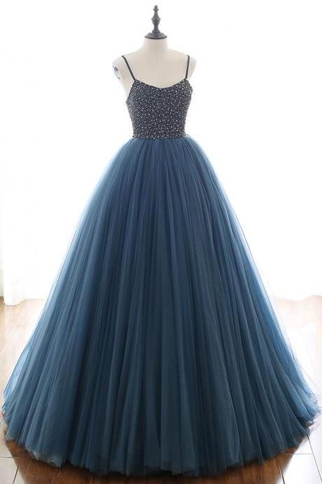 Blue tulle beads long prom gown formal dress