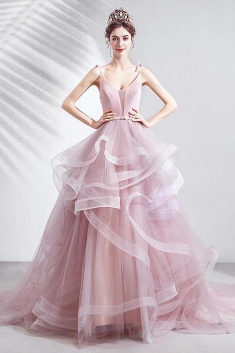 Pink v neck tulle long prom dress sweet 16 dress