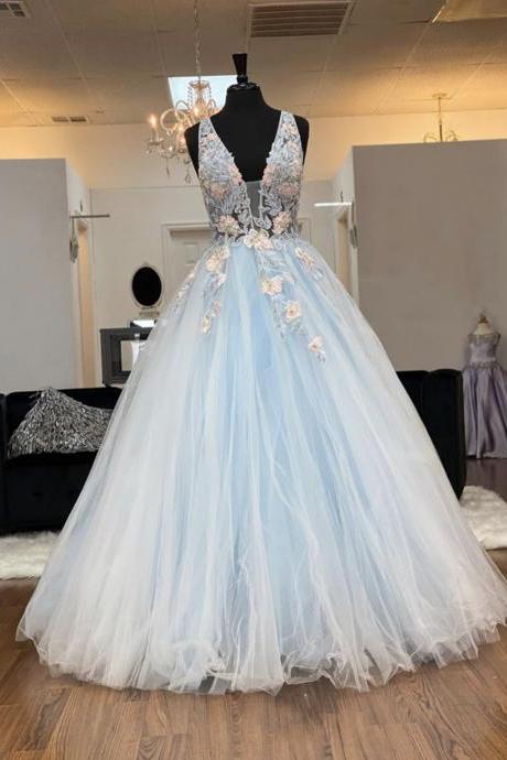 Blue V Neck Lace Long Prom Dress Evening Dress