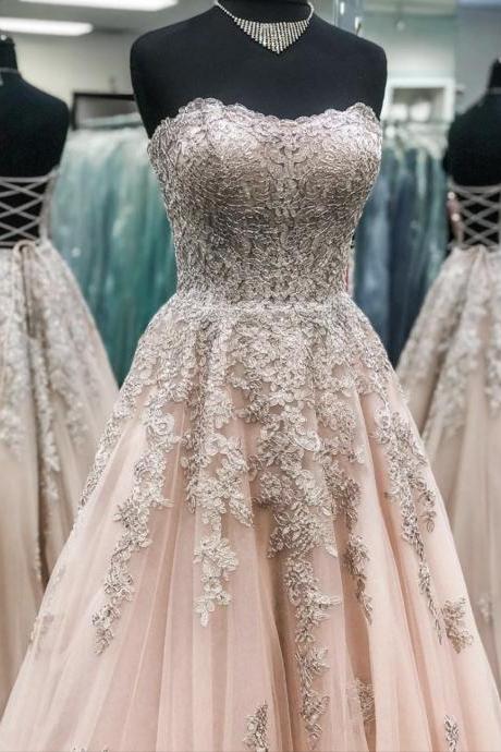 A line lace strapless prom dress evening dress