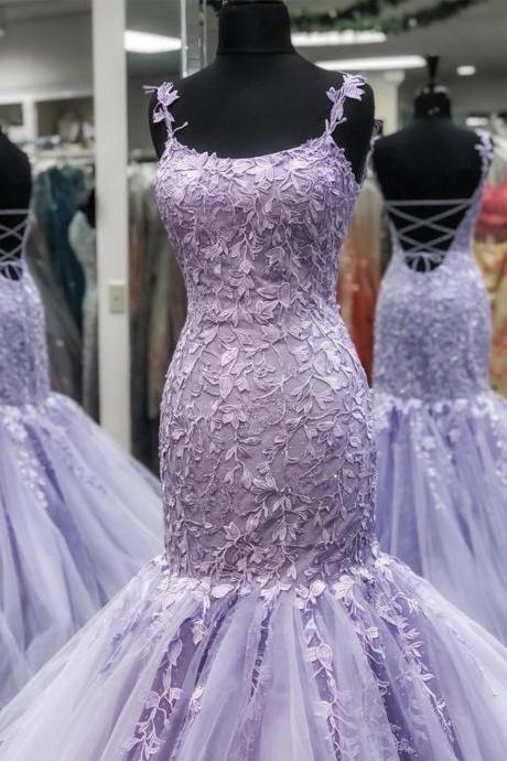 Purple lace prom dress mermaid evening dress