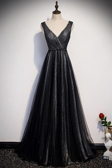 Shiny Black V Neck Prom Dress Black Evening Dress