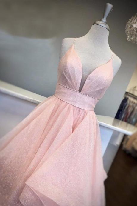 Pink V Neck Tulle Long Prom Dress Evening Dress