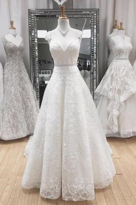 White v neck lace prom dress wedding dress