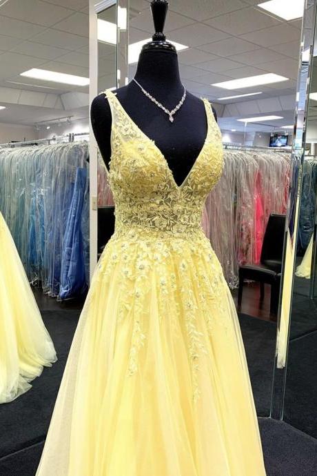 Yellow V Neck Tulle Lace Prom Dress Evening Dress