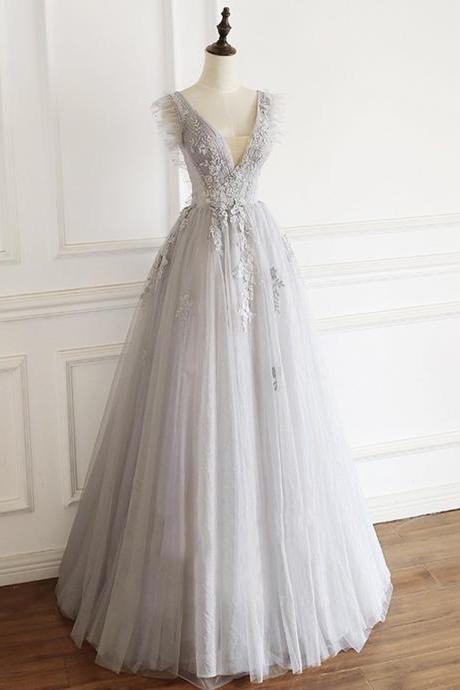 Gray V Neck Tulle Lace Long Prom Gown Women Fashion