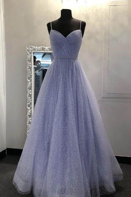 A Line Tulle Sequins Long Prom Dress Formal Dress
