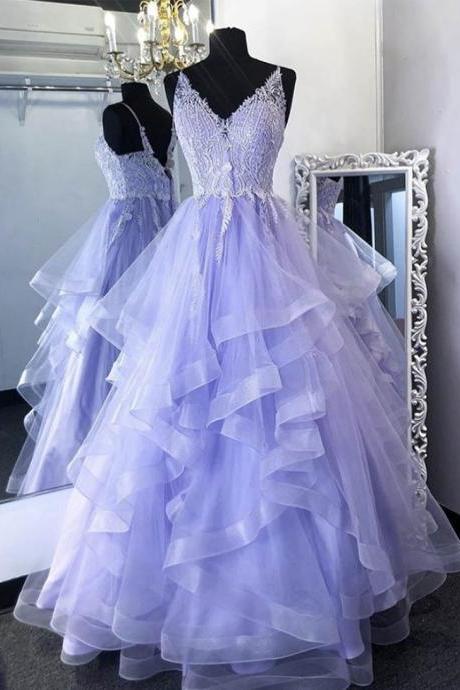 Purple Tulle Lace Long Prom Gown Formal Dress