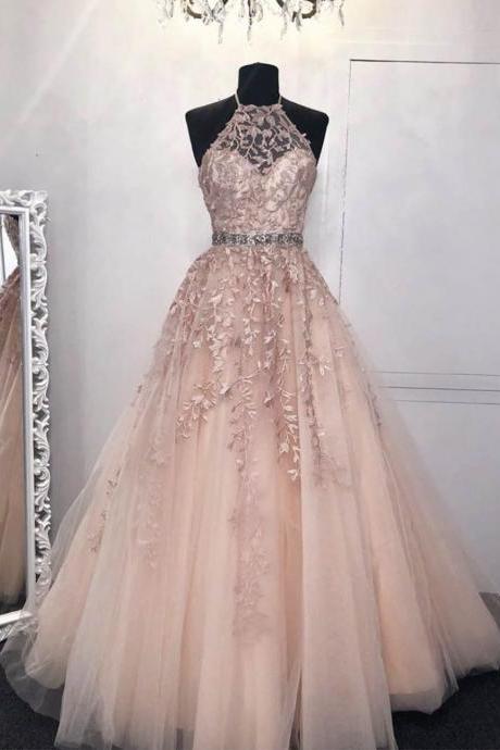 Light Pink Tulle Lace Prom Gown Evening Dress
