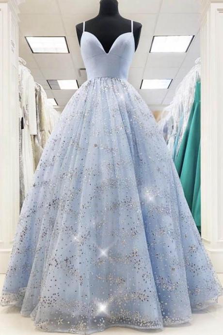 Blue Tulle Sequins Long Prom Dress