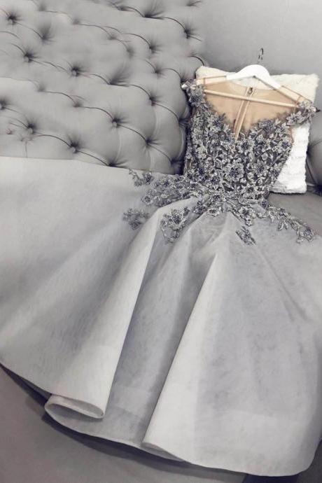 Gray tulle appliqué short prom dress hoco dress