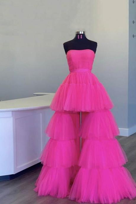 A Line Tulle High Low Prom Dress Evening Dress