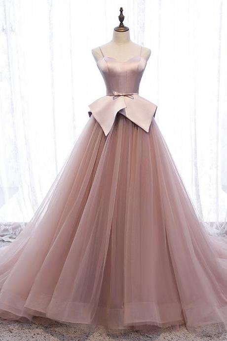 Pink Tulle Long Prom Gown Pink Evening Dress