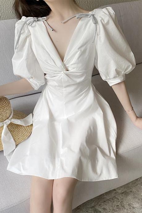White V Neck Short Dress Summer Dress