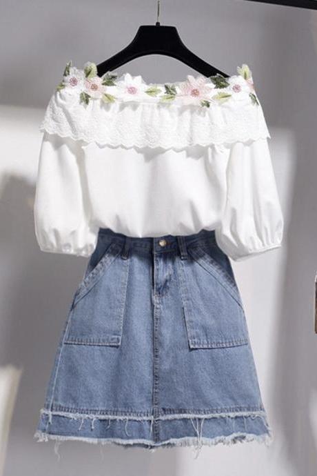 Sweet white flower top + denim skirt
