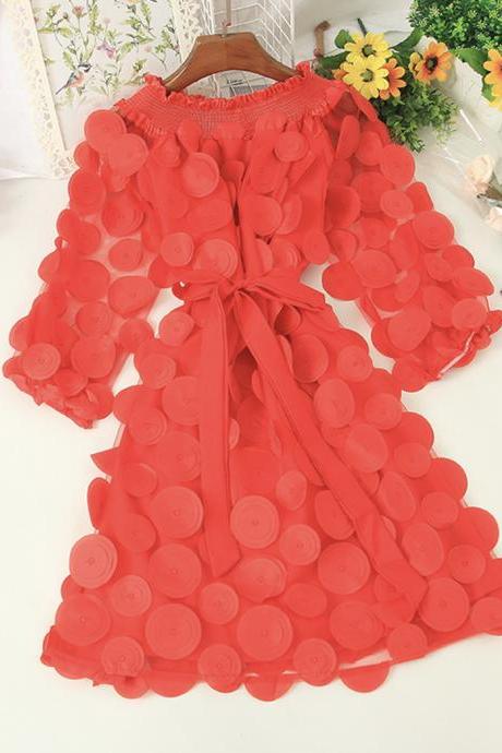 Uniquely designed three-dimensional flower puff sleeve dress
