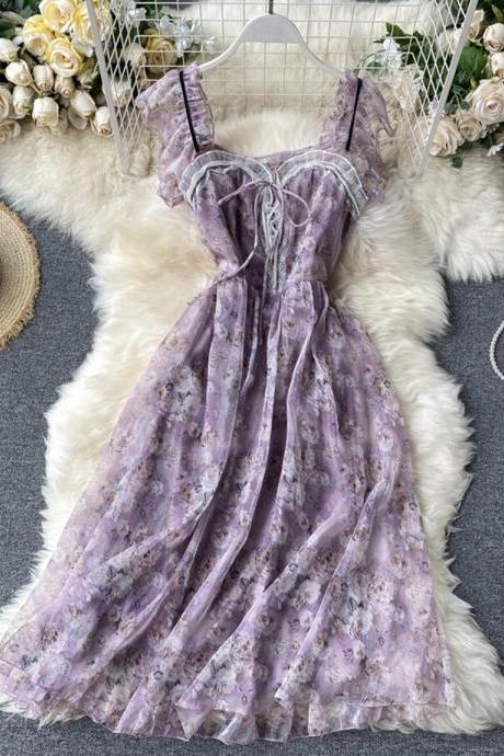 Purple print sleeveless short dress women's dress