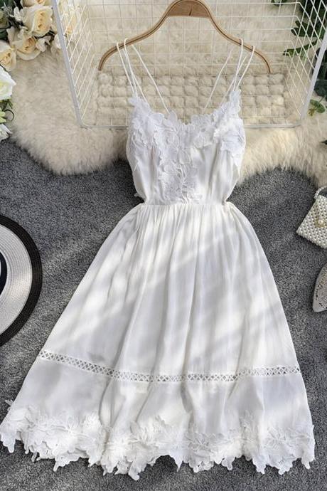 White Lace Applique Backless Dress Girl Dress