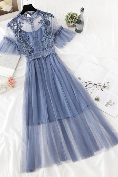 Cute A line tulle lace applique dress summer dress