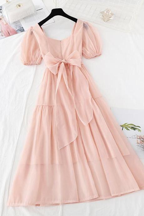 Pink Chiffon A Line Dress Short Sleeve Dress