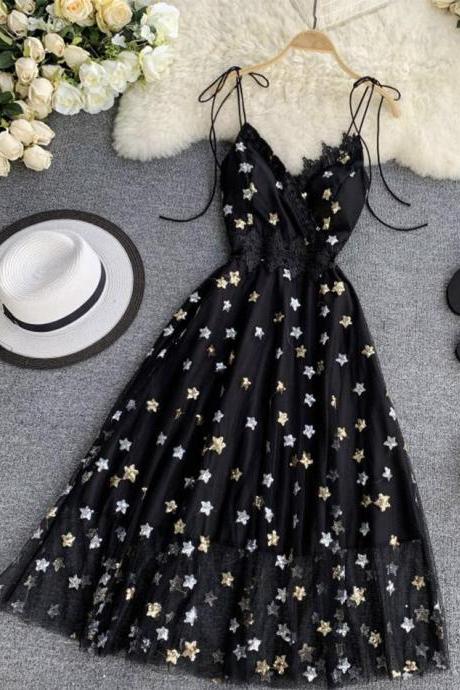Black V Neck Tulle Lace Dress With Stars Sequins