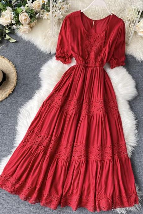 A line round neck lace dress red/white dress