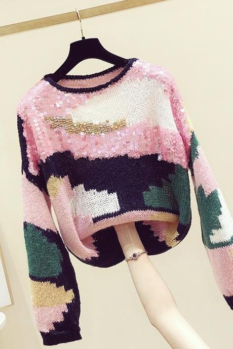 Cute Colorful Long Sleeve Sweater Round Neck Sequins Sweater
