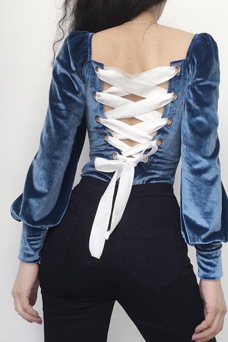 Romantic Back Tie One-piece Top Long Sleeve Velvet Tops