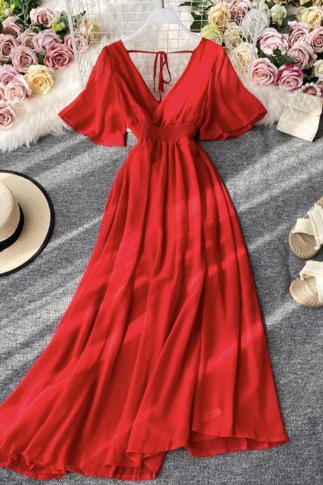 Red v neck short sleeves chiffon dress fashion dress