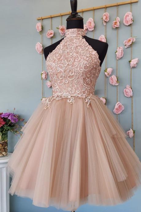 Pink Lace Short Prom Dres A Line Homecoming Dress