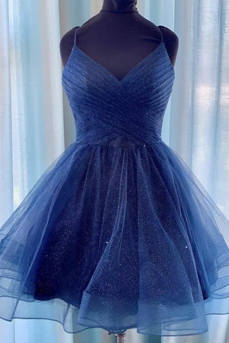 Blue V Neck Tulle Short Prom Dress Party Dress