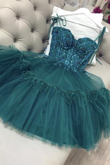 Green Tulle Lace Short Prom Dress Green Evening Dress