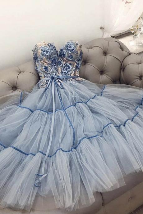 Blue tulle lace appliqué prom dress A line evening dress