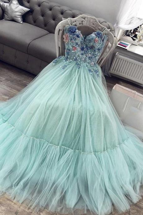 Green tulle lace long prom dress sweetheart neck evening dress