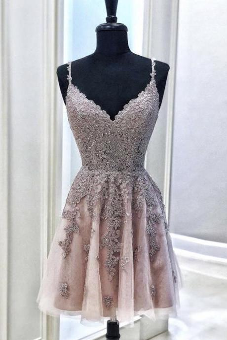 Cute V Neck Lace Short Prom Dress Homecoming Dress
