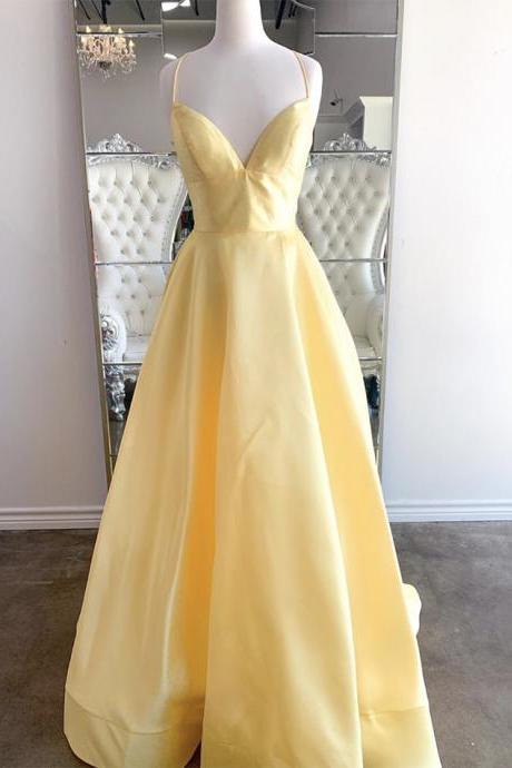 Yellow V Neck Satin Prom Dress Simple Evening Dress