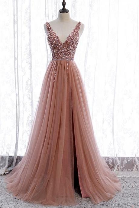 Pink V Neck Tulle Beads Prom Dress Pink Evening Dress