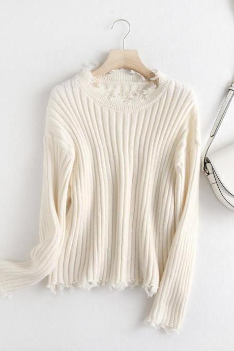 White Fringed Sweater White Long-sleeved Sweater Top