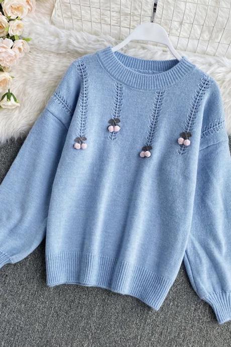 Cute Round Neck Long Sleeve Sweater Cherry Sweater