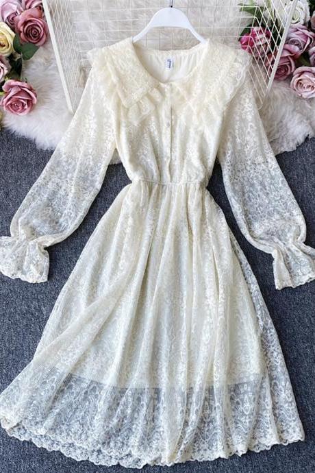 Sweet lace lapel dress long sleeve dress