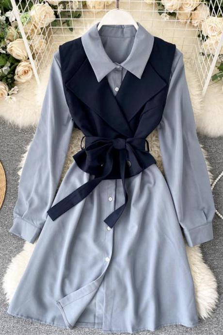 Fashionable vest + long sleeve shirt dress two pieces suit
