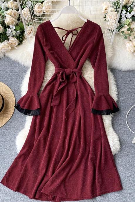 Stylish v neck long sleeve dress