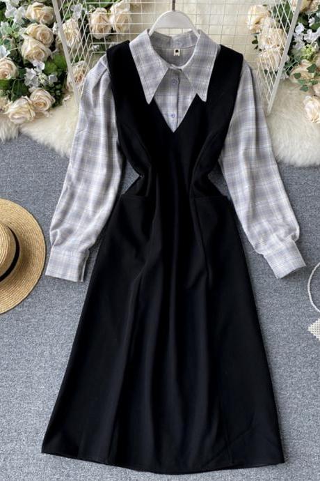 Two-piece sets plaid shirt + sleeveless vest dress