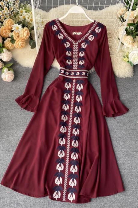 Stylish A Line Embroidery Dress V Neck Chiffon Dress