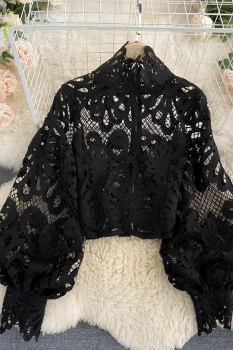 Stylish hollow lace top puff sleeve top