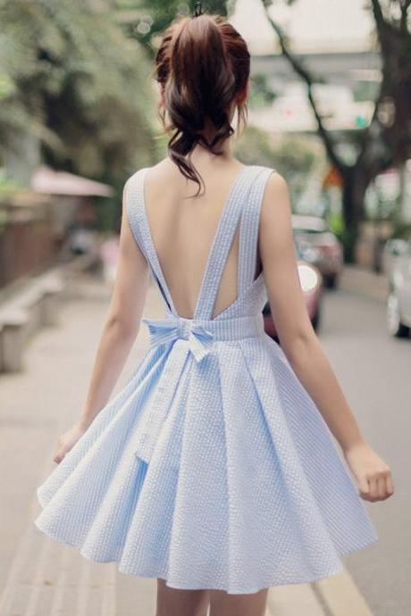 Cute Blue V Neck Short Dress With Bow Fashion Girl Dress