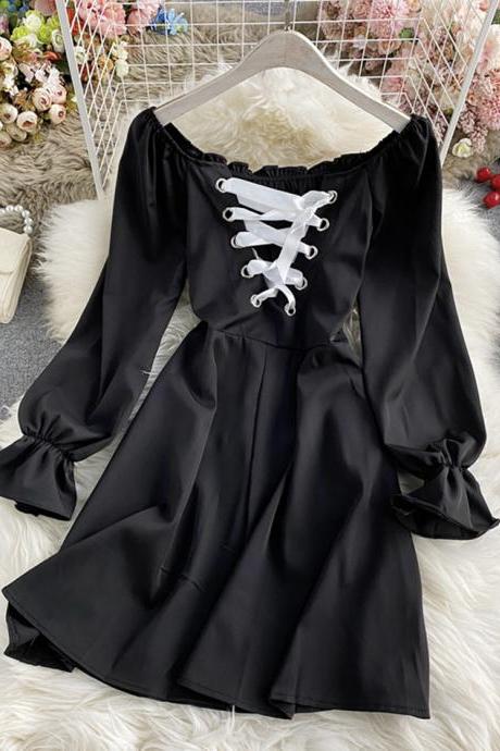 Black long sleeve lace up dress